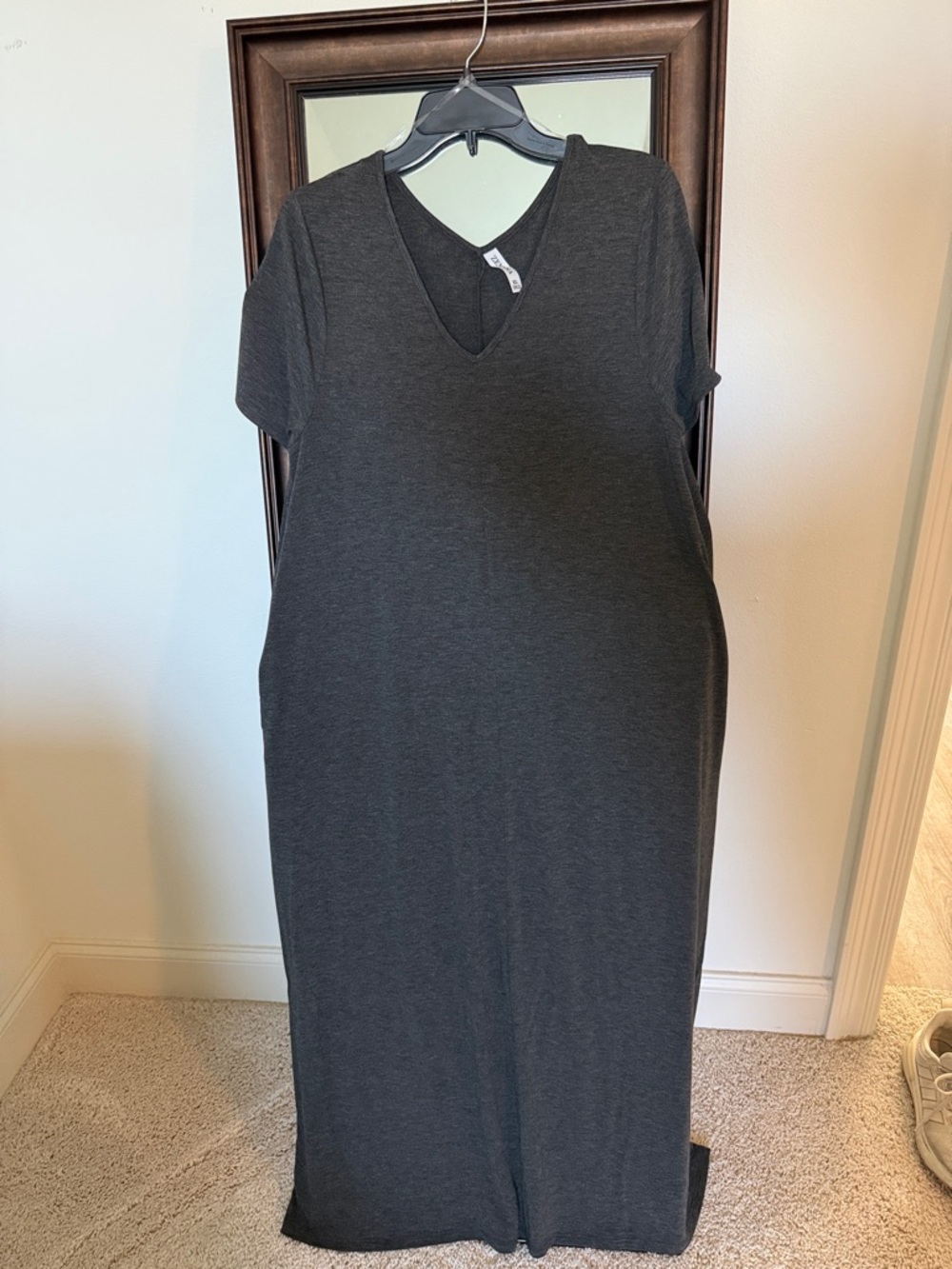 Women's Charcoal V-Neck Maxi Dress - Classic Short Sleeve